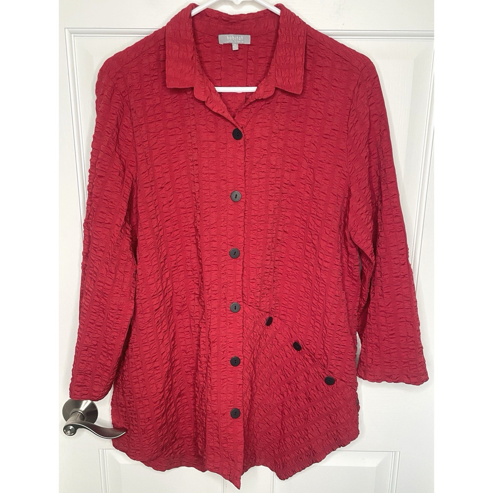 Habitat Women's Asymmetrical Crinkle Button-Up Jacket Shirt Sz M Artsy Boho